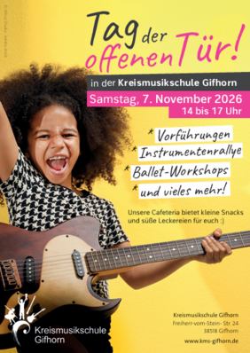 Plakat zum Tag der offenen Tür der Kreismusikschule Gifhorn am Samstag, 7. November 2026, von 14 bis 17 Uhr.